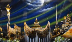 Unknown Artist, 20th Century, mixed media, A sci-fi painting depicting a city in space, signed 'J.
