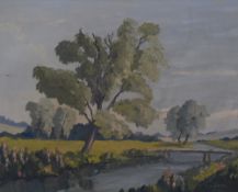 Charles G Johnson (British 1902-1983) oil on board, rural river scene, in pleasing pastel tones,