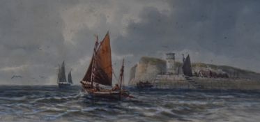 M. Goodman (19th/20th Century, British), watercolour and gouache, Fishing boats sailing by a harbour