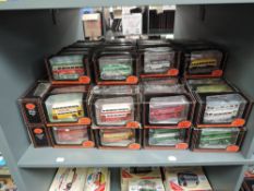 A shelf of EFE diecast Buses, approx 90+, all boxed