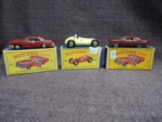 Three Matchbox Lesney 1961-1965 diecasts, No 52 Maserati 4CLT/1948, lemon, No 53 Mercedes Benz Coup