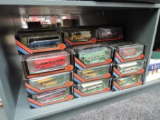 A shelf of EFE diecast Buses, approx 75, all boxed
