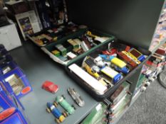 Three trays of mixed vintage playworn diecasts including Dinky 23E, 234, 230 Racing Cars, Dinky Mini