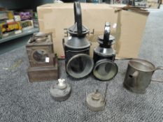 Three vintage Railway Signal Oil Lams including LNER (S), BR and similar along with a Oil Can