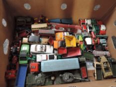 A box of playworn diecasts including Dinky, Corgi, Matchbox etc