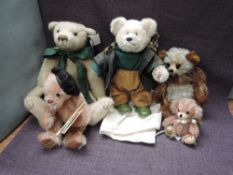 Five modern jointed Teddy Bears, Pam Howells named Harold length 40cm, Laura Grant Welly Bear length