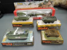 Five Military Dinky diecasts, 281 Military Hovercraft, 303 Commando Squad, 680 Ferret Armoured