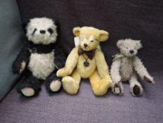 Three Deans jointed Teddy Bears, Old Panda limited edition 27/1500 length 33cm, Dustin limited