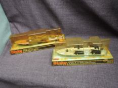Two Military Battleship diecasts, 671 Mk1 Corvette and 672 O.S.A.2 Missile Boat, both on card stands