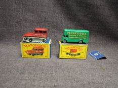 Two Matchbox Lesney diecsats, 1961 No 46 Pickfords Removal Van, green and 1965-1968 No 35 Snow-Trac