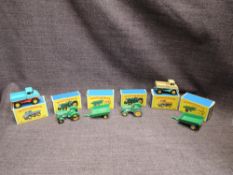 Six Matchbox Lesney 1961-1965 diecasts, Type E boxes, No 49 Unimog x 2, No 50 John Deere-Lanz Tract