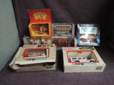 Six Corgi and Corgitronics diecasts, 471 Silver Jubilee Bus, 1004 London Bus, 1005 Police Land