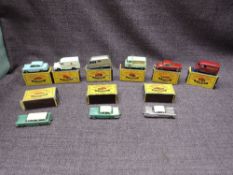 Eight Matchbox Lesney diecasts, No 7 Ford Anglia, No 14 Lomas Ambulance, No 21 Milk Delivery