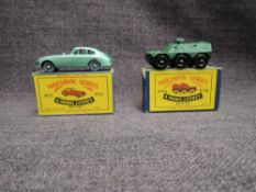 Two Matchbox Series Moko Lesney 1954-1960 diecasts, No 53 Aston Martin, light green and No 54 Sarac