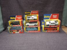 Seven Dinky diecasts, 122 Volvo 265 DL Estate , 123 Princess 2200HL Saloon, 124 Rolls Royce