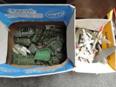 Two boxes of playworn diecasts including Dinky Military Vehicles and Aeroplanes etc