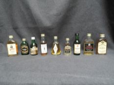 Nine Miniature bottles of Single Malt Scotch Whisky, White Horse 70 proof, Talisker 100 proof, Aber