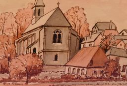 Olive Freeman (20th Century), watercolour, A rouge tone village scene with church, signed to the