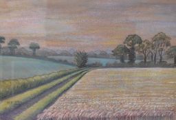 HCP (20th Century), pastel, two countryside landscapes, depicting a woodland path and a harvested