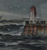 F.W. Ridley (20th Century), gouache, A lively seascape with lighthouse to the right, signed to the
