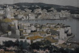 After Josep Maria Vayreda Canadell (1932-2001), a coloured print, Spanish coastal townscape, limited