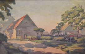 H. Down (?), 20th Century, oil on board, A rural working scene, a dirt track leading to farm