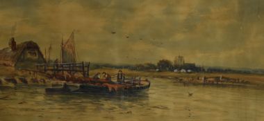 W. Fox (19th/20th Century), watercolour, A river boat with a thatched cottage and distant town