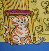 Two vibrantly coloured caricature prints on card, illustrating cats, a 1945 Six Great Bullfights