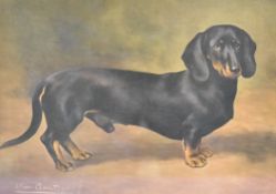 After Lilian Cheviot (c.1876-1936, British), a coloured print, 'The Daschund Earl Satin', framed,