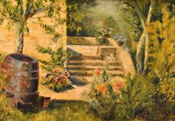 Davinia Hitchcock (20th Century, British), oil on board, 'Bygone Vintage', an attractive garden