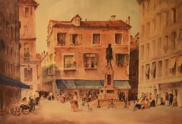 A.W. Brown (19th/20th Century), a coloured print, A Venetian piazza scene, signed in pencil to the