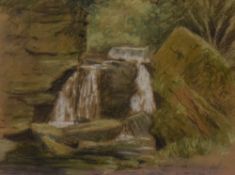 Artist Unknown (20th Century, British), chalk, A woodland waterfall study with green hues, signed