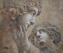 After W.Harris (20th Century), a textured coloured print, Classical Heads, framed and mounted,