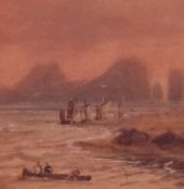 19th/20th century, watercolour, A seascape with boats and towering sea stacks beyond, framed,