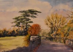 Veronica Ayre (20th Century), watercolour, A tree lined path with blue sky above, signed to the
