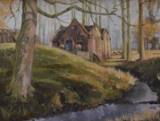 20th Century British School, oil on board, A red brick mill set within an autumnal woodland