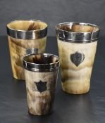 A Victorian silver-mounted horn beaker, of tapering cylindrical form with applied white metal