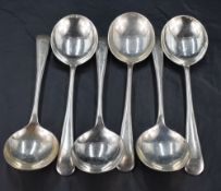 A group of six George V silver Old English pattern soup spoons, with engraved initial H and pip