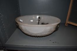 A opaque glass plafoniere, having urn and swag moulded decoration with lion masks interspersing.