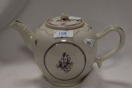 An 18th/19th Century Newhall pottery porcelaine teapot of bullet form, having mauve decoration.