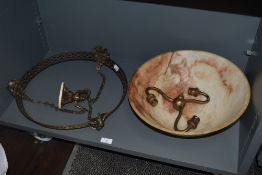 A late 19th/early 20th century gilt metal and turned variegated marble plafonnier light fitting,