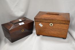 Two 19th century tea caddies, one of mahogany having beading to lid, brass escutcheon and two