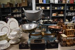 A set of vintage potato scales, a set of Avery scales and a selection of weights.