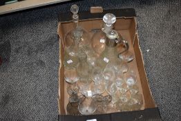 A mixed lot of glass wares, to include pressed glass decanter with silver tone lid and handle and