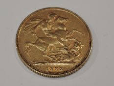 A Queen Victoria 1882 Gold Sovereign, Melbourne Mint, Young Head