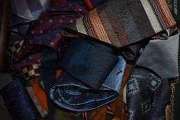 A box full of gents neck ties, including vintage 1960s 'Klipper' tie and similar.