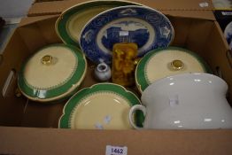A Crown Devon part dinner service in cream with green banding including tureens (12 pieces