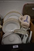 A Royal Stafford part dinner service in white with gilt edging (24 pieces approx), a white pottery