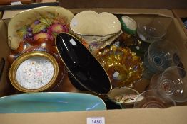 Three Carnival glass dishes, a Wade black and gilt vase, a low Sylvak vase in green, a Carlton