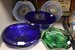 Two vintage opalescent fluted pressed glass bowls and three heavy mid centruy art glass bowls in